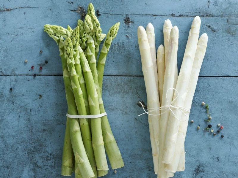 Gebündelter grüner und weißer Spargel auf einer hellblauen Platte mit der Anleitung, wie man Spargel richtig schälen kann.